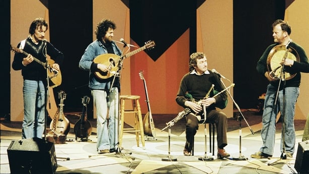 Planxty (L-R Donal Lunny, Andy Irvine, Liam O'Flynn, and Christy Moore) at the Pavilion Theatre in Dún Laoghaire in March 1980 for a recording of Pavilion Folk