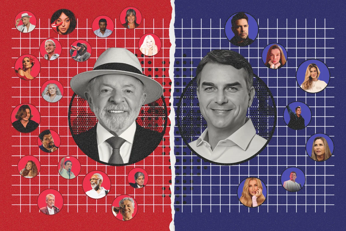Arte gráfica com Famosos que declararam apoio a Lula e Flávio Bolsonaro nas eleições de 2026