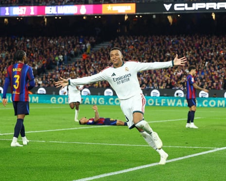 Kylian Mbappé celebrates after scoring Real Madrid’s winner against Barcelona.