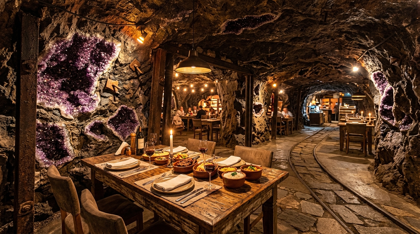 Um dos destinos mais curiosos do Sul do Brasil transformou antigas minas de ametista em restaurante, vinícola, igreja revestida de pedras e roteiro turístico