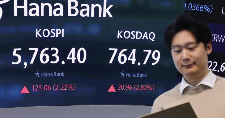 The KOSPI and Kosdaq indices can be seen on a screen at a dealing room of Hana Bank in Seoul, Wednesday. Yonhap