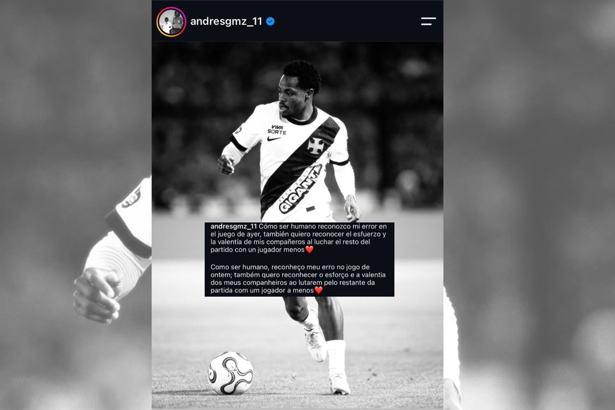 Andrés Gómez, do Vasco, se desculpa após expulsão contra o Boca Juniors