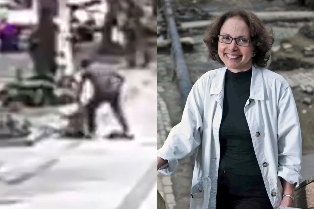 Montagem com fotos coloridas do momento do assalto e da arqueóloga Tania Andrade Lima, de 81 anos - Metrópoles